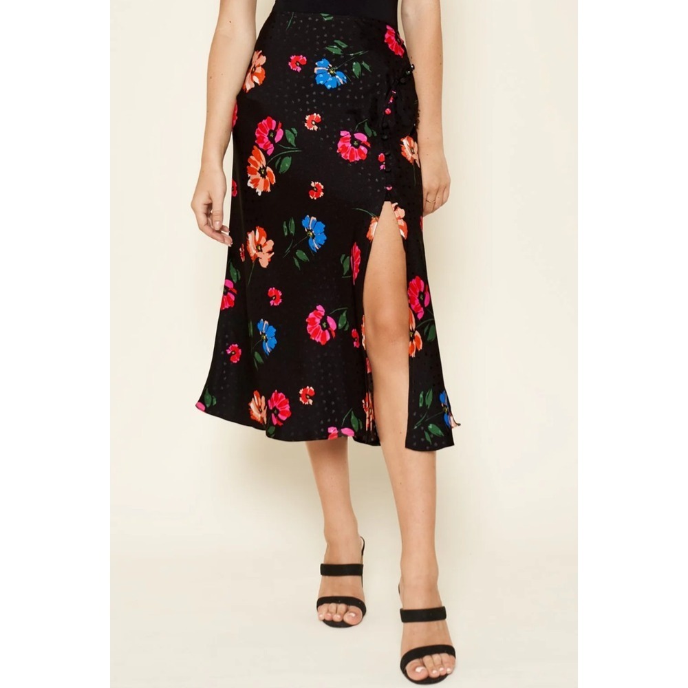 Sugarlips Women's Idris Midi Slip Skirt Retro Floral Button M Front Slit Black
